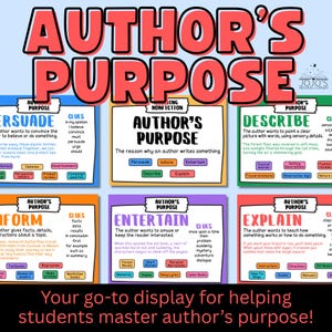 May include: A colorful educational poster titled "Author's Purpose" with sections on Persuade, Inform, Entertain, and Describe. Includes examples and clues for each purpose. The text "Your go-to display for helping students master author's purpose!" is at the bottom.