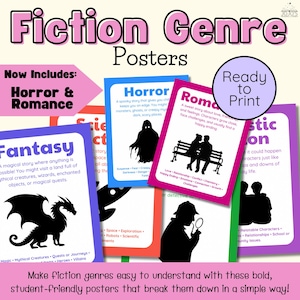 May include: Fiction Genre posters with the text "Horror & Romance" are ready to print. The posters include Fantasy, Horror, Romance, and other genres. The posters are designed to make fiction genres easy to understand.