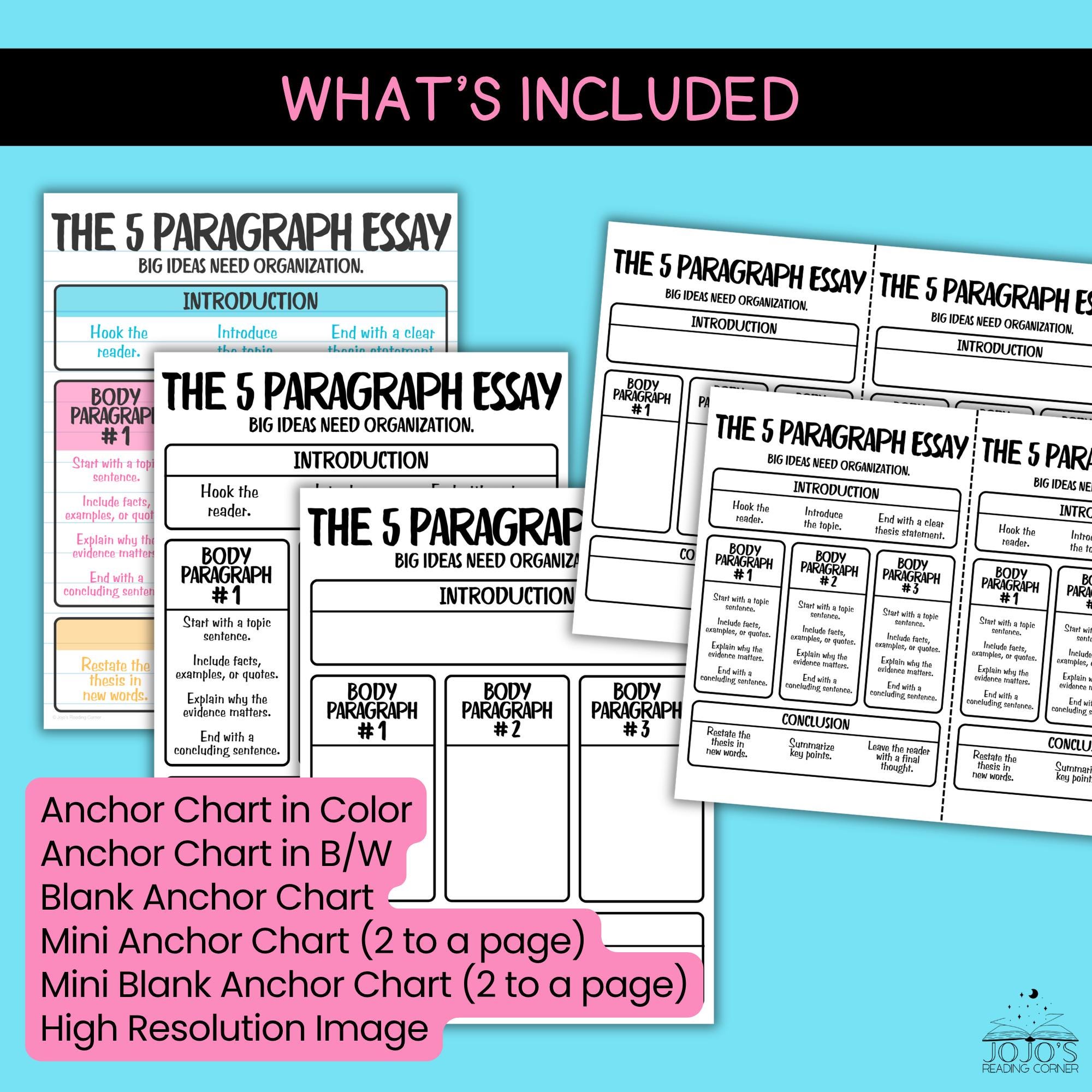 5 Paragraph Essay Anchor Chart With Mini and Blank Charts | Essay ...