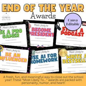 End of Year Student Awards | 42 Funny “Most Likely To” Superlatives | Editable in Canva | Award Certificates for Students