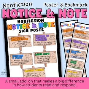 Könnte beinhalten: Ein Satz von Lehrplakaten und Lesezeichen mit dem Titel "Nonfiction Notice & Note". Die Plakate zeigen Wegweiser für das Leseverständnis, darunter "Contrasts & Contradictions" und "Extreme or Absolute Language". Der Text "A small add-on that makes a big difference in how students read and respond" ist ebenfalls sichtbar.