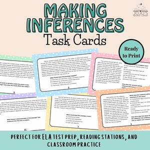 May include: Colorful task cards with a light blue, pink, and yellow polka dot background. The cards feature text that reads "Making Inferences Task Cards" and "Ready to Print". The cards are designed to help students learn how to make inferences while reading.