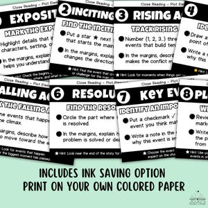 May include: A set of eight educational cards titled Close Reading - Plot Elements, featuring black and white text with numbered steps from 1 to 8. Each card includes instructions for analyzing story components like exposition, inciting incident, and resolution.
