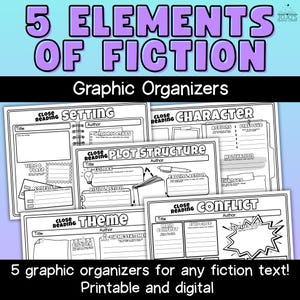 Fiction Graphic Organizers Print and Digital | 5 Elements of Fiction | Plot, Setting, Character, Conflict, and Theme | Reading Resources