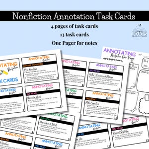 Może przedstawiać: Zestaw białych kart pracy z czarnym tekstem, zatytułowanych "Nonfiction Annotation Task Cards". Karty przeznaczone są do cel&oacute;w edukacyjnych, zawierają instrukcje i wskaz&oacute;wki dotyczące adnotacji tekstu. Karty przeznaczone są do cel&oacute;w edukacyjnych, zawierają instrukcje i wskaz&oacute;wki dotyczące adnotacji tekstu.