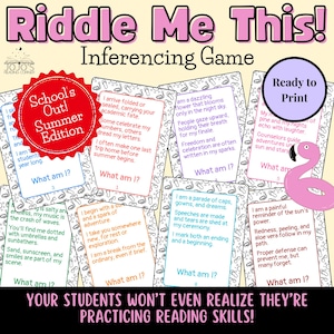 May include: A set of 10 printable riddle cards with colorful backgrounds and black outlines. Each card features a riddle with a different theme, such as school, summer, fireworks, and graduation. The cards are designed for an inferencing game and are ready to print.