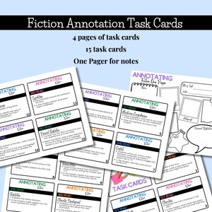 Może przedstawiać: Zestaw kart zadań do adnotacji fikcji zatytułowany "Fiction Annotation Task Cards". Karty zawierają instrukcje dotyczące adnotacji fikcji, z sekcjami dla 1., 2. i 3. czytania oraz jedną stronę na notatki. Karty znajdują się na jasnoniebieskim tle.