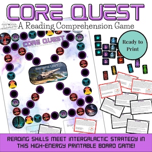 May include: A printable board game titled "CORE QUEST: A Reading Comprehension Game." The game board is white with a purple border and features a path of black circles. The game includes cards, tokens, and the text "Ready to Print."