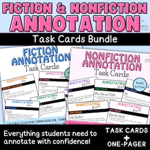 May include: A bundle of task cards for fiction and non-fiction annotation. The cards are white with blue and pink text, and include instructions for annotating texts. The bundle includes a one-pager and is designed to deepen comprehension.