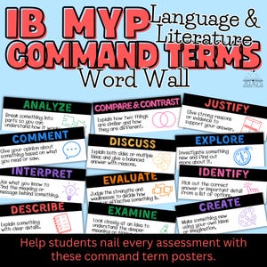 Könnte beinhalten: Ein farbenfrohes Lernposter mit dem Titel "IB MYP Command Terms Word Wall". Es zeigt wichtige Begriffe wie "Analysieren", "Vergleichen & Kontrastieren" und "Begründen", jeweils mit einer kurzen Definition und visueller Unterstützung. Das Poster soll Schülern bei Prüfungen helfen.