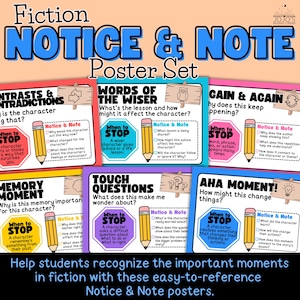 Fiction Notice and Note Signposts | Reading Comprehension Strategies Poster Set | Fiction Reading Bulletin Board | ELA Classroom Decor