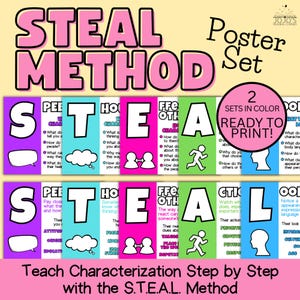 May include: A digital poster set titled STEAL METHOD featuring two rows of colorful educational cards. Each card displays a letter from the acronym S.T.E.A.L. with corresponding text and icons like speech bubbles, thought clouds, and silhouettes.