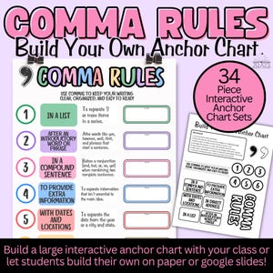 May include: An educational anchor chart set titled Comma Rules Build Your Own Anchor Chart. The graphic features five numbered rules with colourful boxes, text explanations, and blank spaces for student input, plus a 34-piece interactive set.