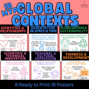 Könnte beinhalten: Acht Lehrplakate mit dem Titel "GLOBAL CONTEXTS" in Blau, die sich jeweils auf ein anderes Thema konzentrieren, wie "Identitäten & Beziehungen" und "Globalisierung & Nachhaltigkeit". Die Plakate enthalten Illustrationen und Fragen zu jedem Thema. Der Text "8 Ready to Print IB Posters" steht unten.