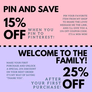K&ouml;nnte beinhalten: Rosa-lilafarbene Grafik mit dem Text "Pin and Save 15% Off" und "Welcome to the Family! 25% Off". Die Grafik enth&auml;lt Anweisungen, wie man einen Rabatt erh&auml;lt, indem man auf Pinterest pinnt und einen Kauf t&auml;tigt.