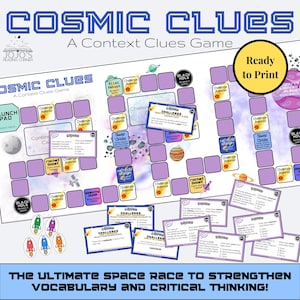 Könnte beinhalten: Ein druckbares Brettspiel namens "Cosmic Clues" mit Weltraum-Thema. Das lila Spielbrett hat Felder mit den Bezeichnungen "Challenge" und "Asteroid". Enthält Aufgabenkarten und den Text "Ready to Print".
