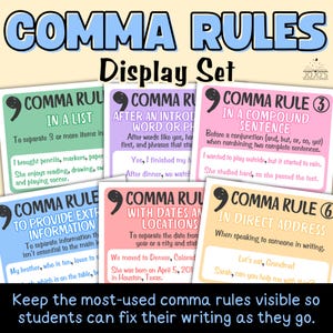 May include: A set of comma rule display cards in various colours. Each card explains a different comma rule with examples. The cards are labelled with titles such as "IN A LIST" and "IN A COMPOUND SENTENCE". The words "COMMA RULES" are at the top.