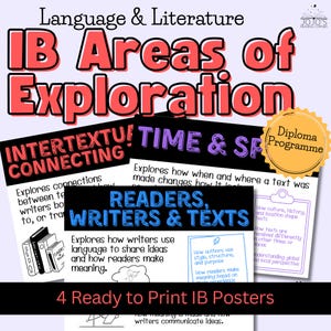 Puede incluir: Un conjunto de carteles educativos para lengua y literatura, con el texto "IB Areas of Exploration". Los carteles cubren temas como "Intertextual Connecting", "Time & Space" y "Readers, Writers & Texts". Incluye un sello de "Diploma Programme".