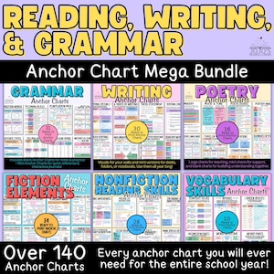 Puede incluir: Un conjunto de carteles educativos coloridos titulado "Reading, Writing, & Grammar Anchor Chart Mega Bundle". El paquete incluye gráficos sobre gramática, escritura, poesía, elementos de ficción, habilidades de lectura de no ficción y vocabulario. Se incluyen más de 140 gráficos.