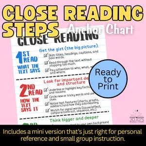 Può includere: Un grafico a muro colorato intitolato "Close Reading Steps" con un elenco di strategie di comprensione della lettura. Il grafico include passaggi come "Leggi cosa dice il testo" e "Come lo dice il testo". È incluso anche un cerchio blu con "Pronto per la stampa".