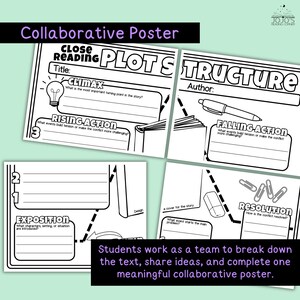May include: A black and white educational collaborative poster template for close reading and plot structure. The worksheet includes sections for title, author, exposition, rising action, climax, falling action, and resolution with line prompts.