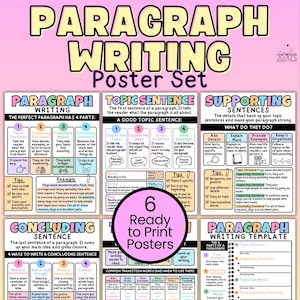 May include: A set of six educational posters titled Paragraph Writing Poster Set, featuring colourful text and diagrams explaining paragraph structure, topic sentences, supporting sentences, concluding sentences, and writing templates for students.