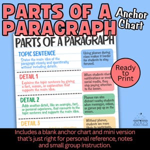 Op de afbeelding: Een kleurrijke educatieve poster getiteld "Onderdelen van een paragraaf" met definities voor onderwerpzinnen en details. De poster bevat de tekst "Ready to Print" en is bedoeld voor gebruik in de klas.