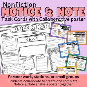 May include: A classroom educational poster titled "Nonfiction Notice & Note" with task cards. The poster includes sections for "Word Gaps," "Contrasts & Contradictions," and "Quoted Words." The task cards are in various colors and include text.