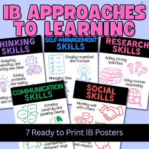 May include: A set of seven educational posters with the title "IB Approaches to Learning" in pink. Each poster highlights a skill: Thinking, Self-Management, Research, Communication, and Social Skills. The posters feature illustrations and text, with the phrase "7 Ready to Print IB Posters" at the bottom.