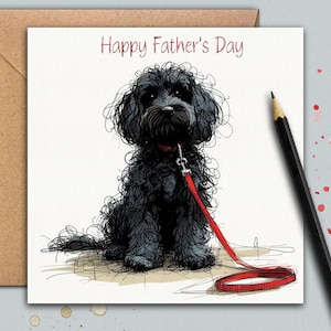 COCKAPOO/POCHON (ZWART) Vaderdagkaart (roodlood) Een vaderdagkaart voor papa, de hondenvader van een Cockapoo of de donzige Poochon