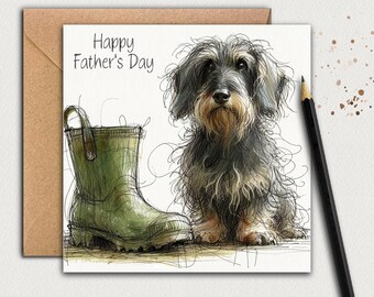 DRAADHAIRED DACHSHUND Vaderdagkaart (groene laars) Een kaart voor vader, opa, zoon of echtgenoot voor Vaderdag van een klein worstje.