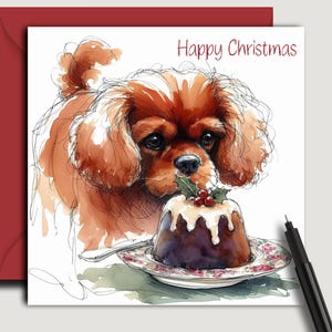 May include: Watercolor Christmas card featuring a Cavalier King Charles Spaniel with a Christmas pudding. The card has the words "Happy Christmas" in red. A red envelope and a black pen are also visible.