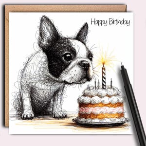Eine Geburtstagskarte mit einem BOSTON TERRIER Motiv (Geburtstagstorte)
