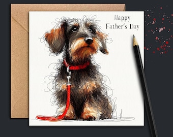 May include: A Father's Day card featuring a sketched dachshund with a red collar and leash. The dog is brown, black, and tan, with the words "Happy Father's Day" above it. The card is paired with a brown envelope and a black pencil.