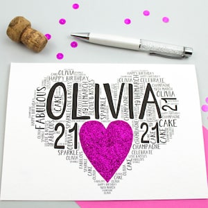 Carte personnalisée scintillante coeur 21e anniversaire