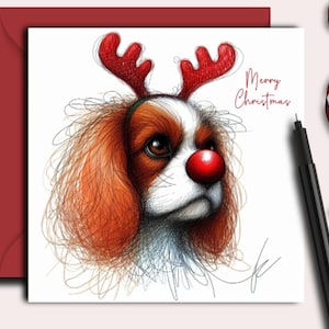 Biglietto di auguri di Natale per un cane Blenheim CAVALIER KING CHARLES Spaniel (naso rosso). Un biglietto di auguri di Natale per una mamma, un papà, un toelettatore o un dog walker che possiede un cane King Charles.