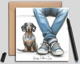 May include: A black and white illustration of a dachshund sitting in front of a pair of blue jeans and sneakers. The text "Happy Father's Day" is written below the image.