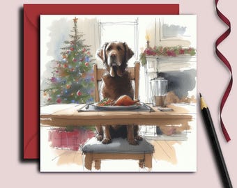 May include: Watercolor illustration of a brown dog sitting at a table set for a holiday meal. A decorated Christmas tree is in the background. The dog is sitting in a wooden chair, looking directly at the viewer.