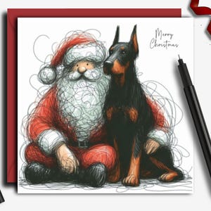 Biglietto di Natale DOBERMAN con Babbo Natale. Un biglietto di Natale per ogni proprietario di cane Doberman, papà di cane, mamma di cane o questi bellissimi cani
