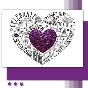 CARTÃO DE ANIVERSÁRIO DE 70º - 70º cartão Purple Sparkle para esposa, mãe, irmã, amiga, mãe. Cartão brilhante para um aniversário de 70 anos
