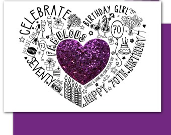 70TH BIRTHDAY CARD 70TH Purple Sparkle Card for Wife, Mum