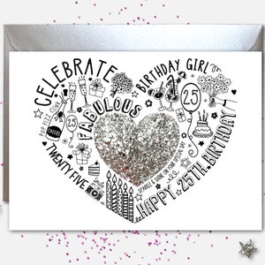 CARTE DE 25E ANNIVERSAIRE - 25E Carte argentée pailletée pour une fille, une sœur, une amie, une fille ou une nièce. Carte à paillettes pour un anniversaire marquant