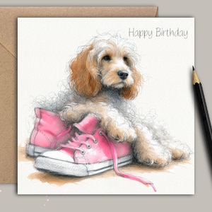 Tarjeta de cumpleaños del perro Cockapoo (pinkshoe) Una tarjeta de cumpleaños del divertido y travieso Cockapoo, una hermosa tarjeta para un dueño de Cockapoo