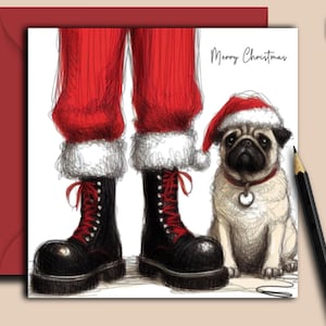 Cartão PUG CHRISTMAS (fc). Um cartão de um pug fulvo sentado ao lado do Papai Noel, perfeito para enviar a um pai pug, amigo ou passeador de cães este ano