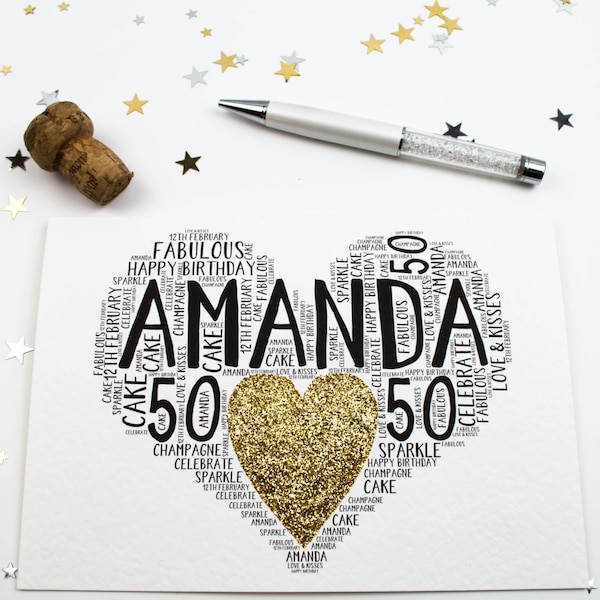 Carte personnalisée Sparkle de coeur du 50e anniversaire