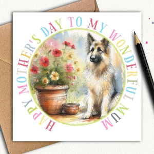 Biglietto per la festa della mamma con il cane PASTORE TEDESCO (giardino) Un biglietto per la festa della mamma con il fedelissimo cane pastore tedesco, perfetto da regalare alla mamma quest'anno
