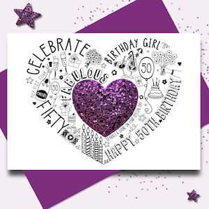 CARTÃO DE MENINA DE 50 ANIVERSÁRIO - Cartão brilhante de 50º aniversário roxo para esposa, mãe, amiga, filha