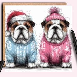 Carte de Noël BULLDOG FRIENDS, une carte pour tous les amateurs de bouledogue britannique, une carte de Noël à offrir aux propriétaires de chiens, à leur famille et à leurs amis