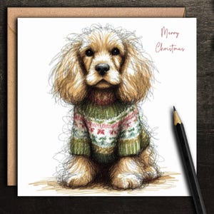 Biglietto di auguri di Natale con un COCKER SPANIEL color oro chiaro (maglione). Un biglietto di auguri di Natale per una mamma cocker spaniel, un papà cane, un toelettatore per cani e un dog walker.