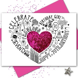 CARTÃO DE ANIVERSÁRIO DE 70º - 70º cartão Pink Sparkle para esposa, mãe, irmã, amiga, mãe. Cartão brilhante para um aniversário de 70 anos